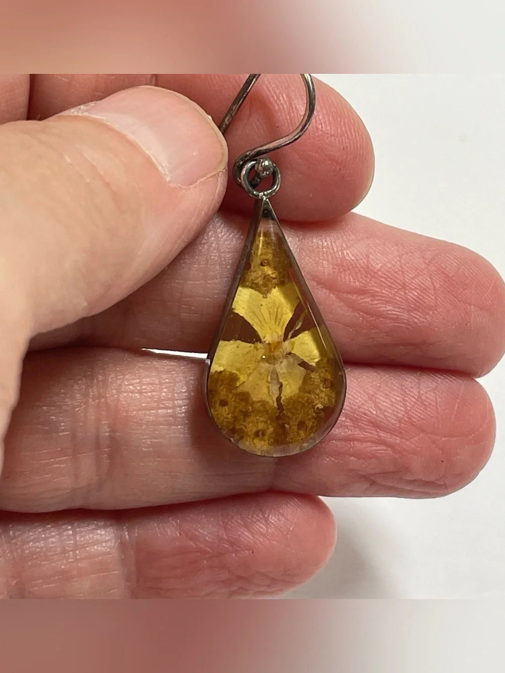 Vintage Sterling Silver 925 Earrings Dried Flowers In Resin Dangle Ati Mexico 5g